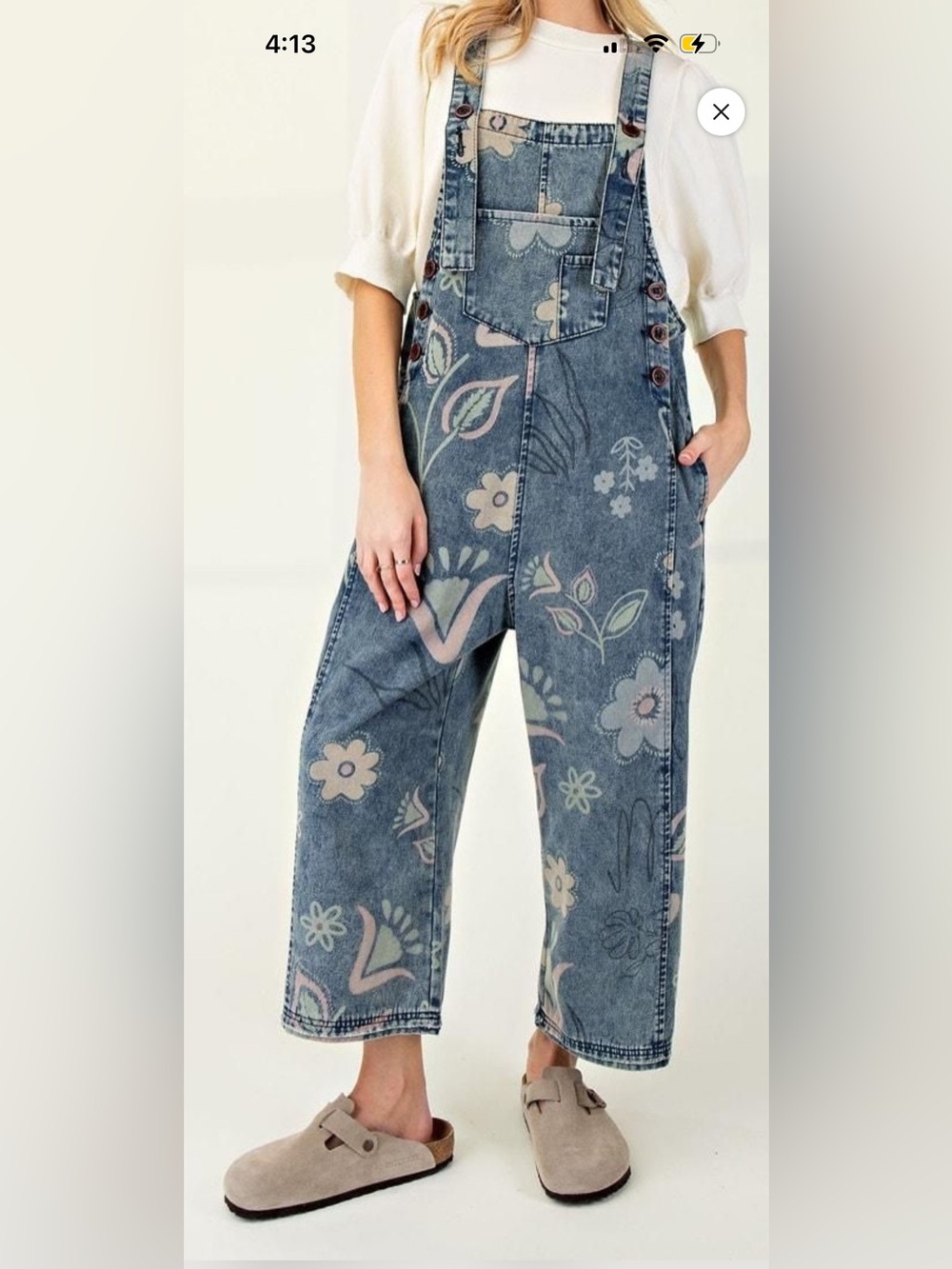 Easel Flower Printed Washed Denim Overalls Blue